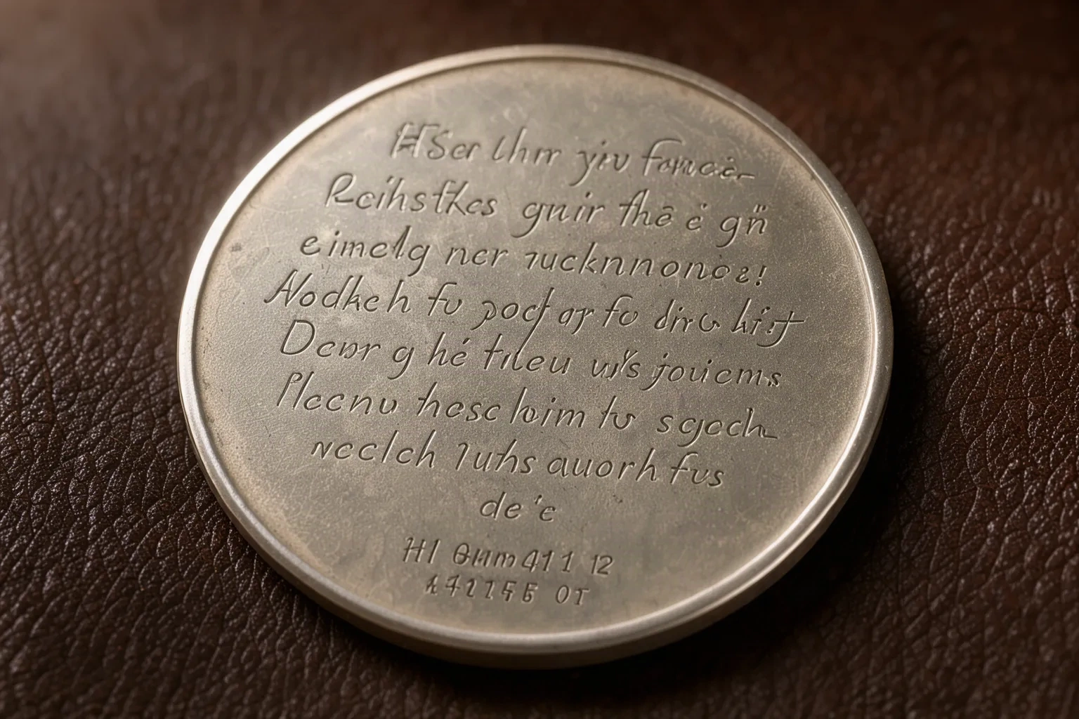 Médaille en argent gravée d'un message manuscrit et de coordonnées