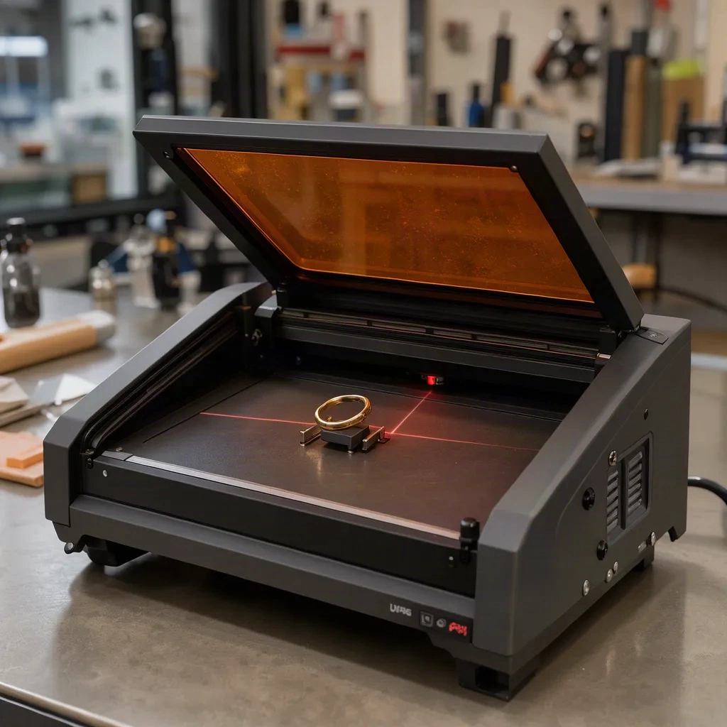 Machine de gravure laser avec une bague dorée à l'intérieur
